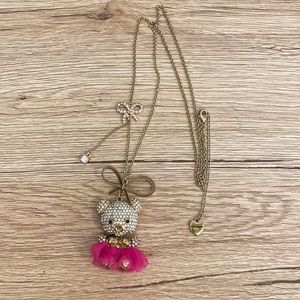 Betsey Johnson long chain gold necklace with crystal bear in tutu